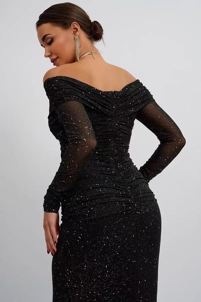 Black Strapless Mesh Long Sleeve Maxi Dress