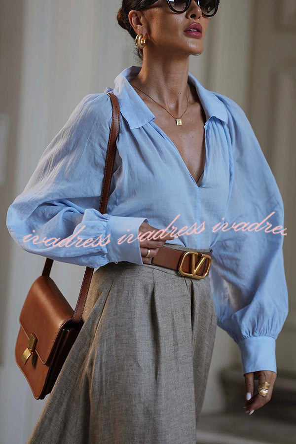 All Round Comfort Linen Blend V-neck Balloon Sleeve Loose Blouse