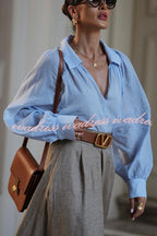 All Round Comfort Linen Blend V-neck Balloon Sleeve Loose Blouse