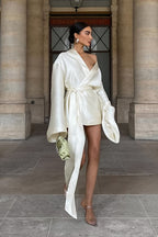 Satin Wrap Tie Waist Batwing Flared Sleeve Mini Dress