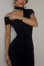 Velvet One Shoulder Choker Strap Cap Sleeve Bodycon Maxi Dress