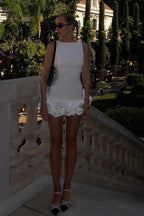 White Backless Ruching Hem Sleeveless Dress