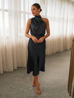 Stain Midi Party Dress Halter Sleeveless Bridesmaid Dress In Burgundy