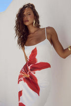 Square Neck Spaghetti Strap Oversized Lily Floral Placement Print Bodycon Maxi Dress