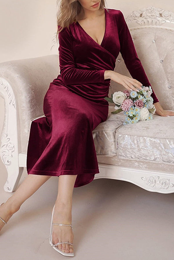 Velvet Wrap Deep V-Neck Ruched Side Long Sleeve Maxi Dress