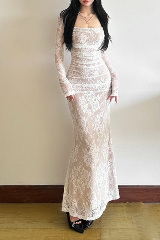Floral Lace Square Neck Long Sleeve Ruched Mermaid Maxi Dress