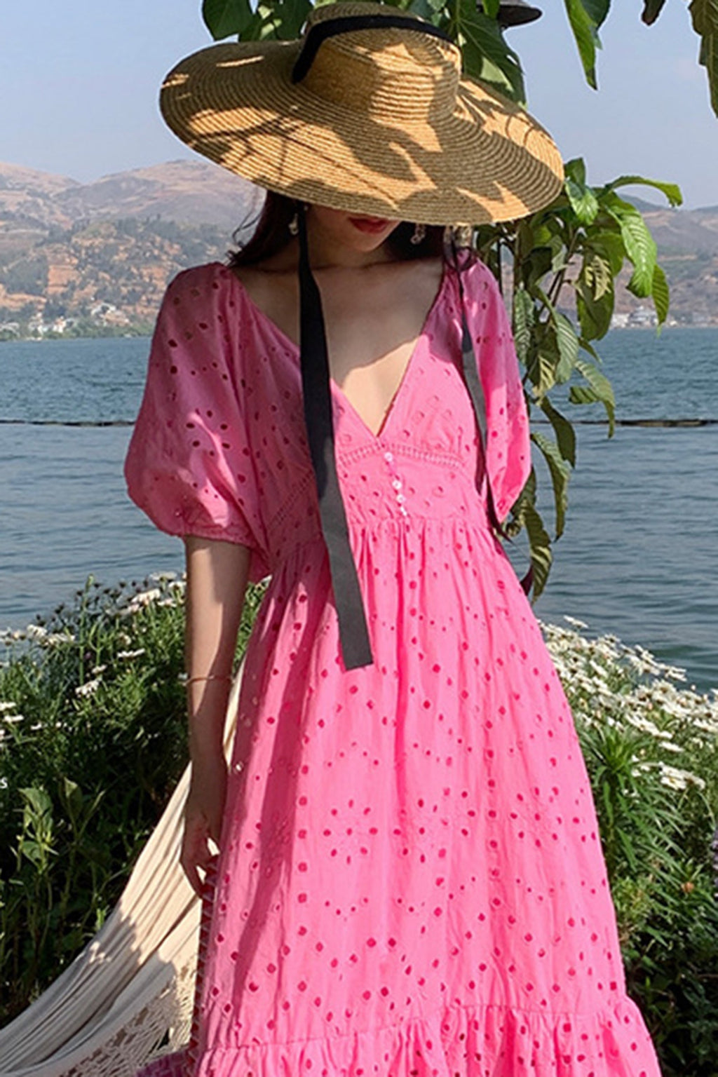 Eyelet Deep V-Neck Puff Sleeve Smocked Empire Waist Tiered Maxi Dress
