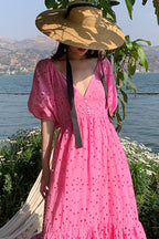 Eyelet Deep V-Neck Puff Sleeve Smocked Empire Waist Tiered Maxi Dress