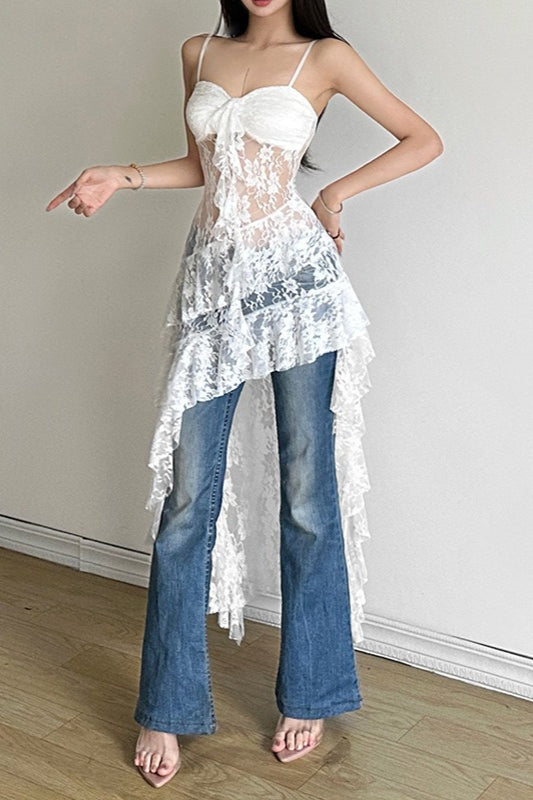 Floral Lace Spaghetti Strap Ruched Tiered High Low Maxi Dress
