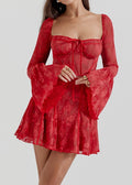 Square Neck Lace Bell Sleeve Tie Front Bustier Fit and Flare Mini Dress