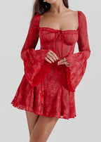 Square Neck Lace Bell Sleeve Tie Front Bustier Fit and Flare Mini Dress
