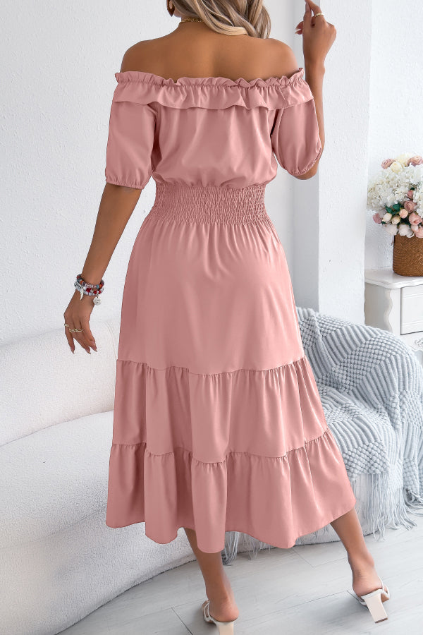 Stylish Off-shoulder Short-sleeved Pleated Waist Casual Midi Dress