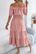 Stylish Off-shoulder Short-sleeved Pleated Waist Casual Midi Dress