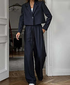 Black Blue Single Button Blazer Office Two Piece Set