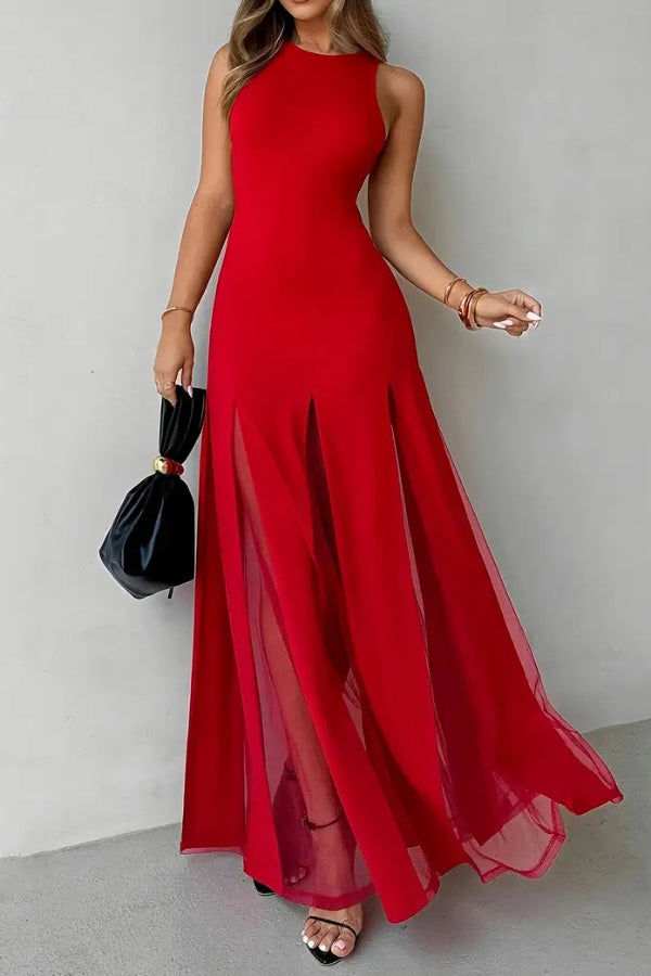 Solid Color Round Neck Sleeveless Slim Fit Sheer Patchwork Hem Maxi Dress