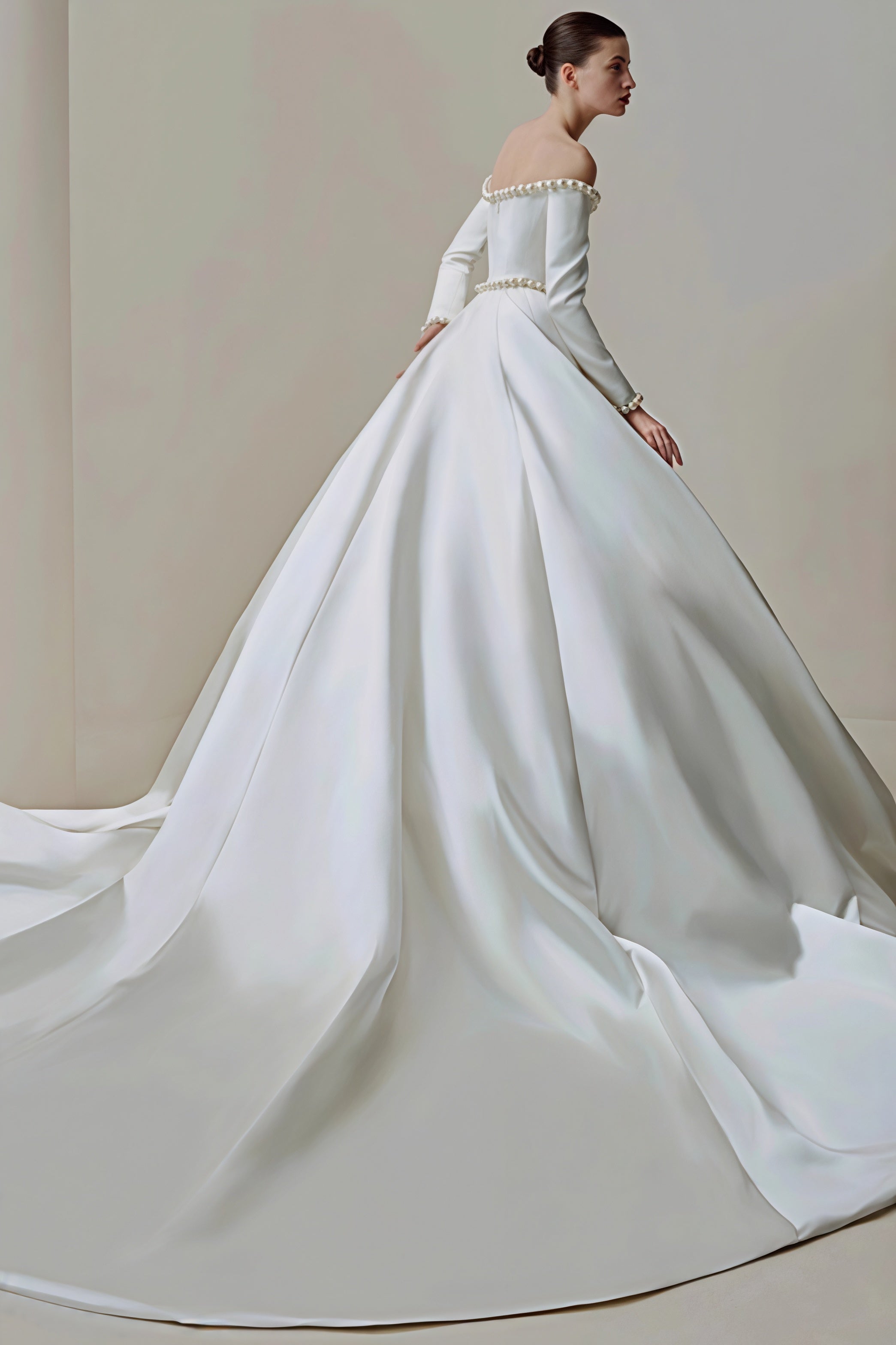 Vintage Satin Pearl Long Sleeve Off Shoulder Wedding Dress