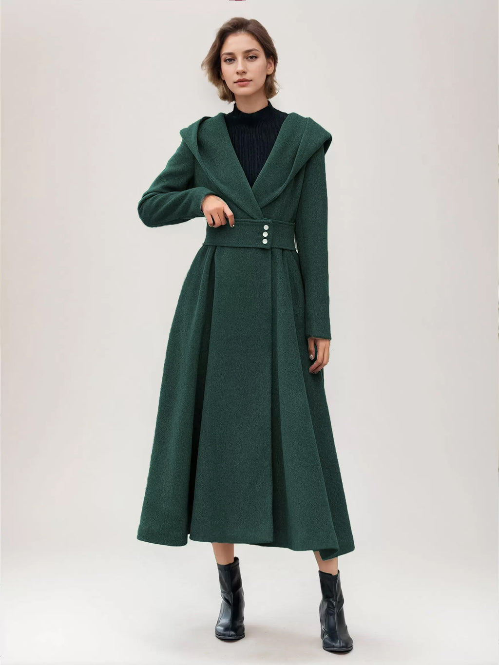 Flared Woolen Coat For Woman Hooded Gray Belted A-line Winter Long Outerwear 2026