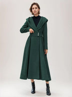 Flared Woolen Coat For Woman Hooded Gray Belted A-line Winter Long Outerwear 2026
