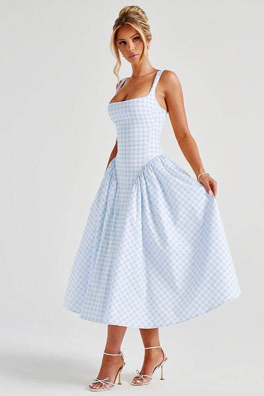 Gingham Square Neck Basque Waist Pleated Fit and Flare Midi Dress