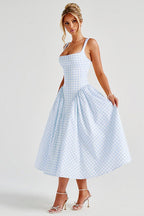 Gingham Square Neck Basque Waist Pleated Fit and Flare Midi Dress
