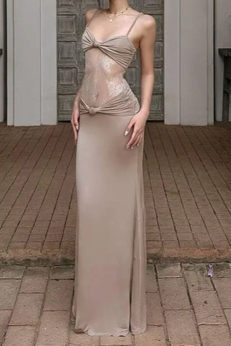 Lace Sweetheart Knot Detail Sheer Panel Spaghetti Strap Maxi Dress