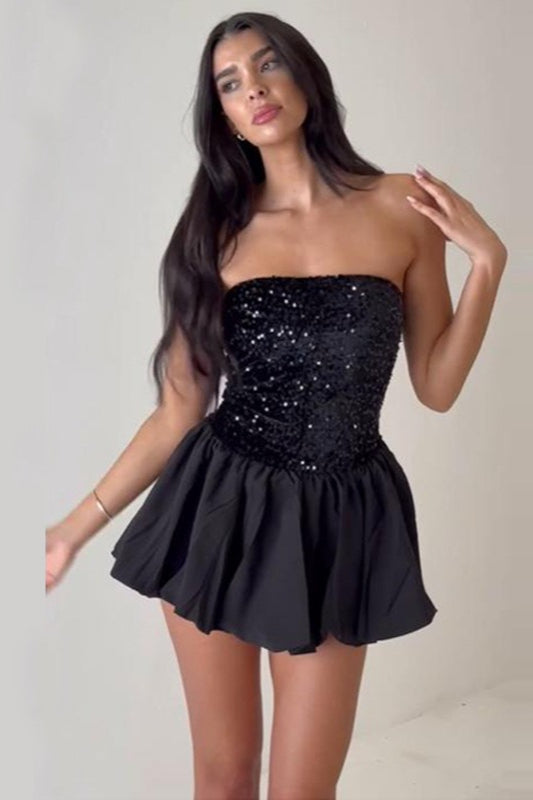 Strapless Sequin Bodice Pleated Pouf Bubble Hem Mini Dress