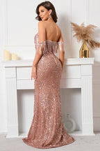 Sequin Off Shoulder Fringe Trim Mermaid Maxi Gown