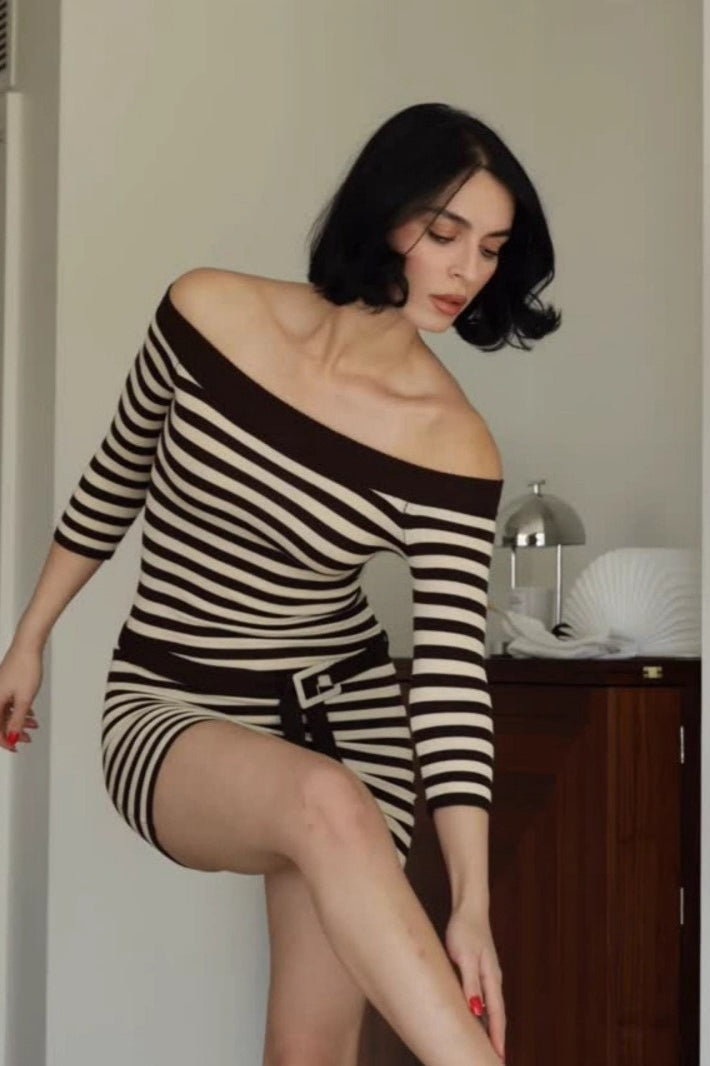 Horizontal Stripe Off Shoulder Belted Bodycon Mini Sweater Dress