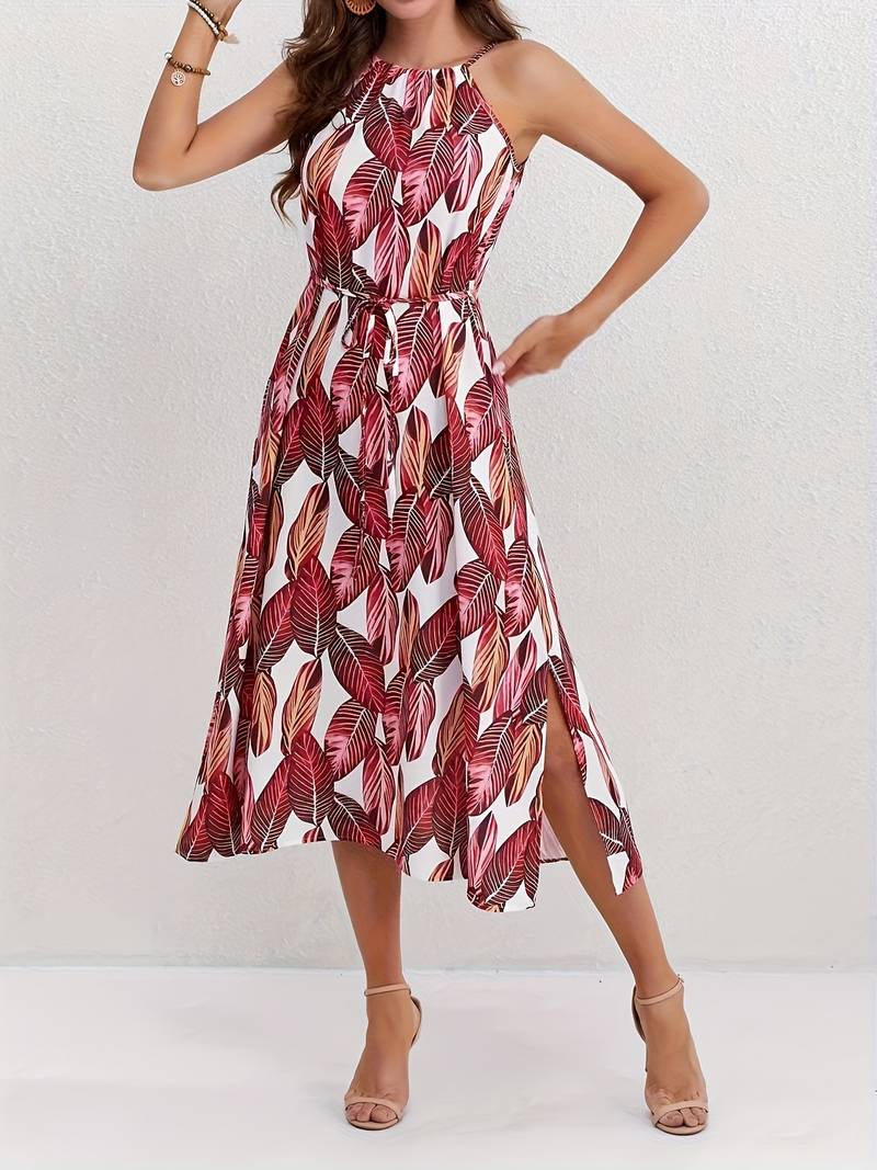 Jocelyn Boutique Halterneck Beach Dress with Leaf Pattern Premium Wardrobe Essential
