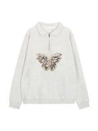 Butterfly Print Lapel Neck Half Zip Sweatshirt
