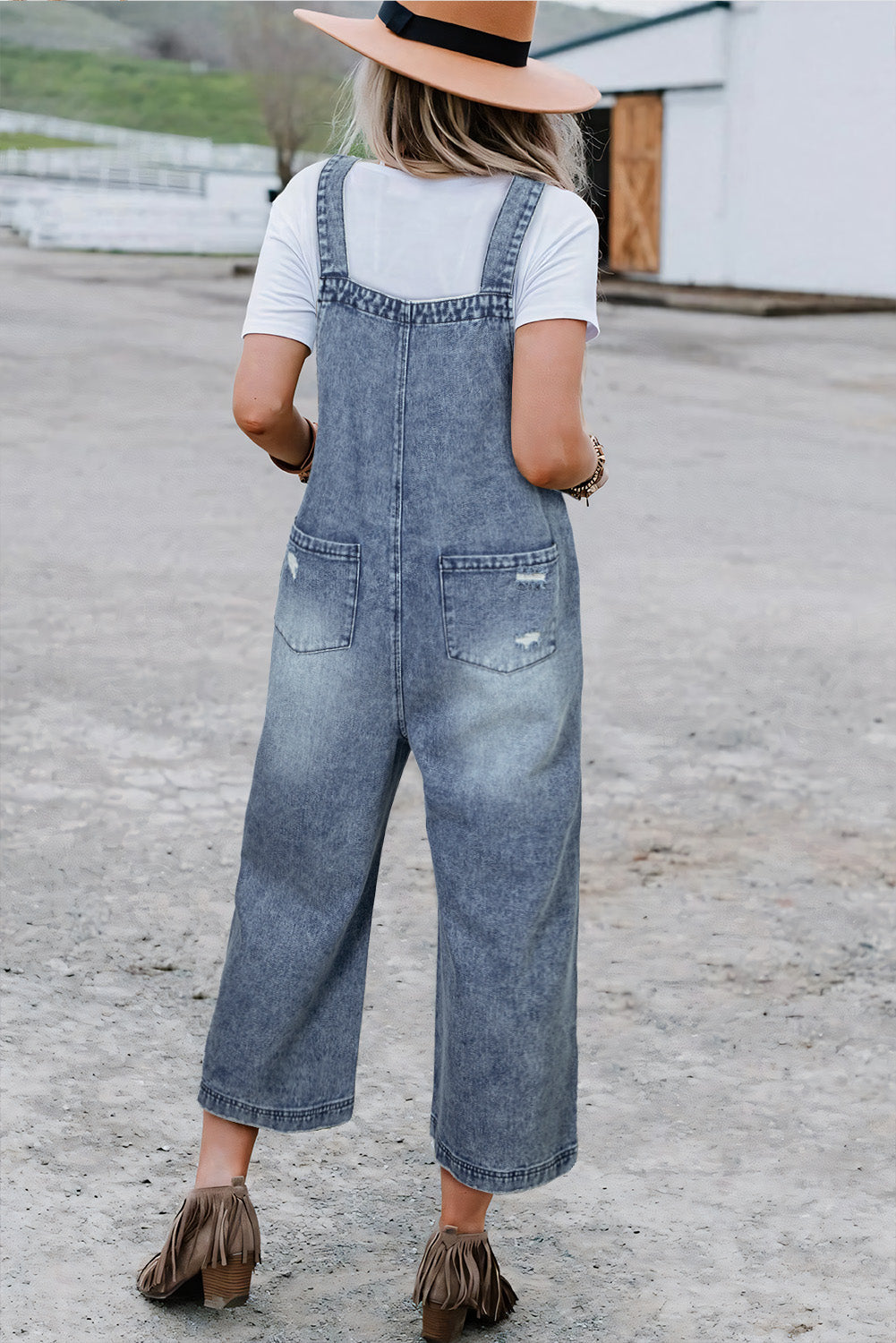 Blue Zone Planet | Stone Blue Distressed Bib Pocket Wide Leg Denim Overall