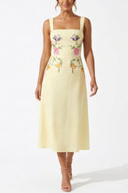 Artistically Crafted Symmetrical Floral Print Square Neck Pencil Midi Dress