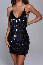Sequin Deep V Neck Spaghetti Strap Bodycon Mini Dress