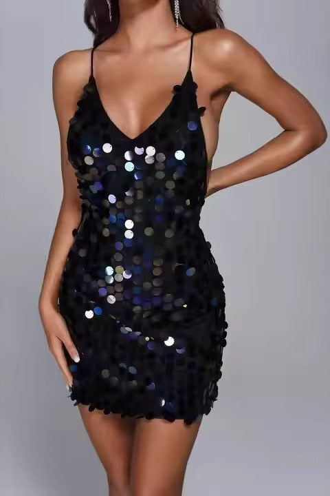 Sequin Deep V Neck Spaghetti Strap Bodycon Mini Dress