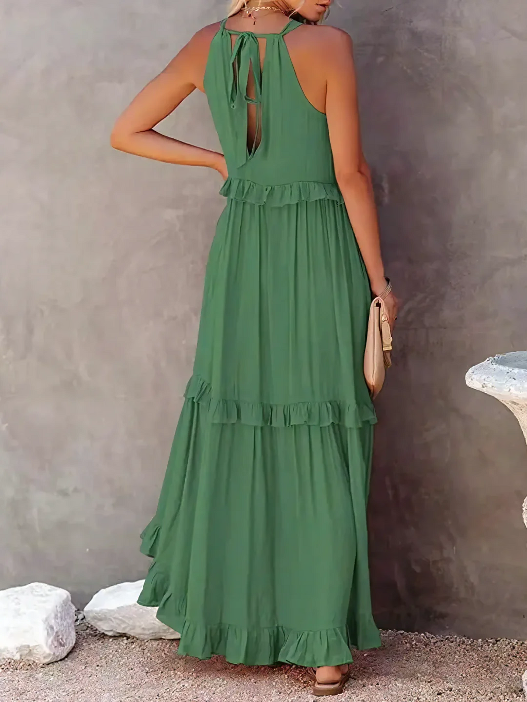 High Neck Smocked Halter Sleeveless Tiered Ruffle Maxi Dress