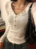 Solid V Neck Snap Button Slim Long Sleeve Knit