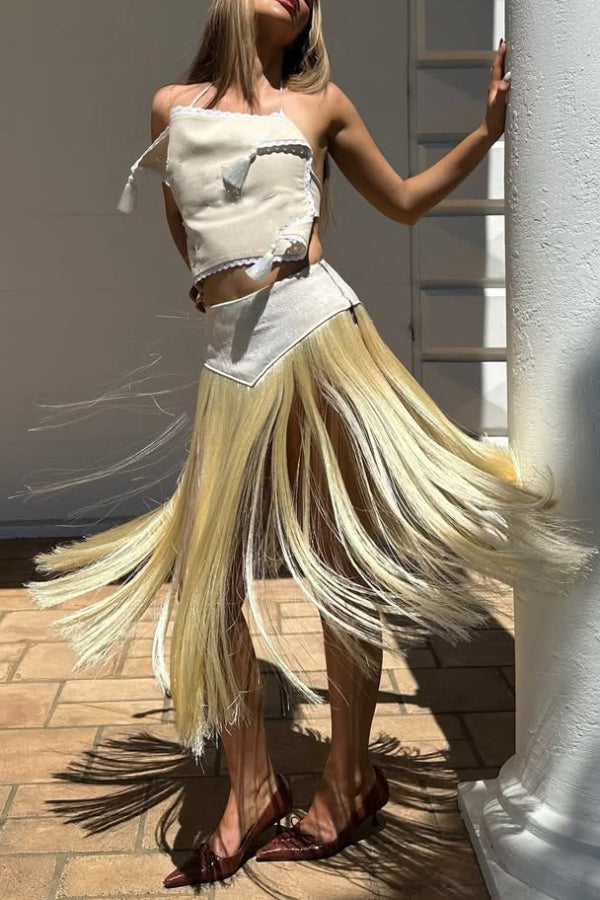 Stylish Halter Neck Lace Up Tassel Pendant Backless Top