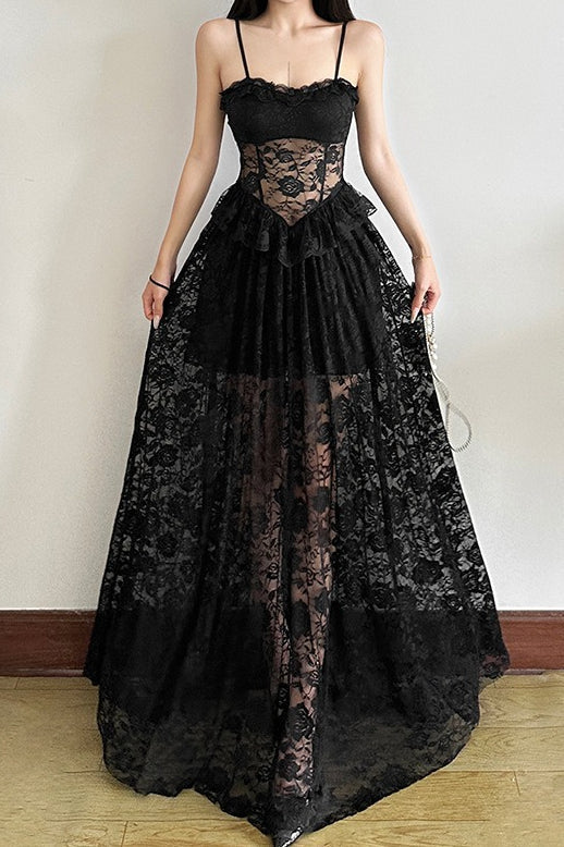 Corset Sweetheart Lace Peplum Waist Tiered Floral Maxi Dress