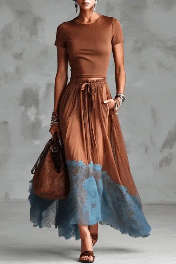 Stylish Round Neck Short-sleeved Fitted Top and Elastic Waist Pockets Lace Hem Maxi Skirt Set