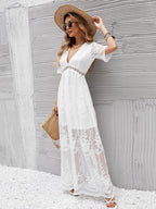 White Lace Boho Maxi Dress for Women - V Neck Short Sleeve Sheer Long Dress - Summer Beach Bridal Resort Wear 2026
