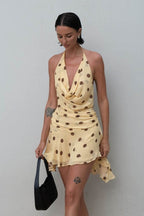 Polka Dot Halter Neck Cowl Front Ruched Side Flounce Hem Mini Dress