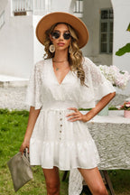 Deep V Neck Smocked Waist Lace Flutter Sleeve Button Front Tiered Mini Dress