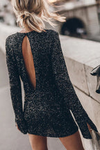 Sequin Open Back Oval Cutout Long Sleeve Mini Dress
