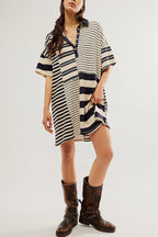 Denim Collar Striped Patchwork Polo Rugby Mini Dress