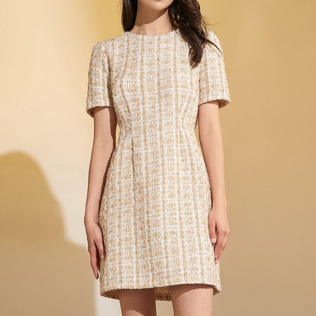 Tweed Grid Pattern Short Sleeve Crew Neck A-Line Mini Dress