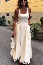 Viki Linen Blend Square Neck Wide Strap Side Button Pocket Tassel Trim Midi Dress