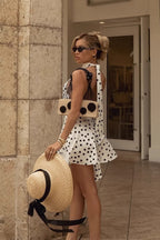 Polka Dot Halter Neck Mock Neck Cinched Waist Flare Mini Dress