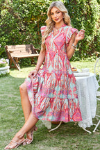 Rose Tribal Paisley Print Ruffled Sleeve Notch Neck Midi Dress