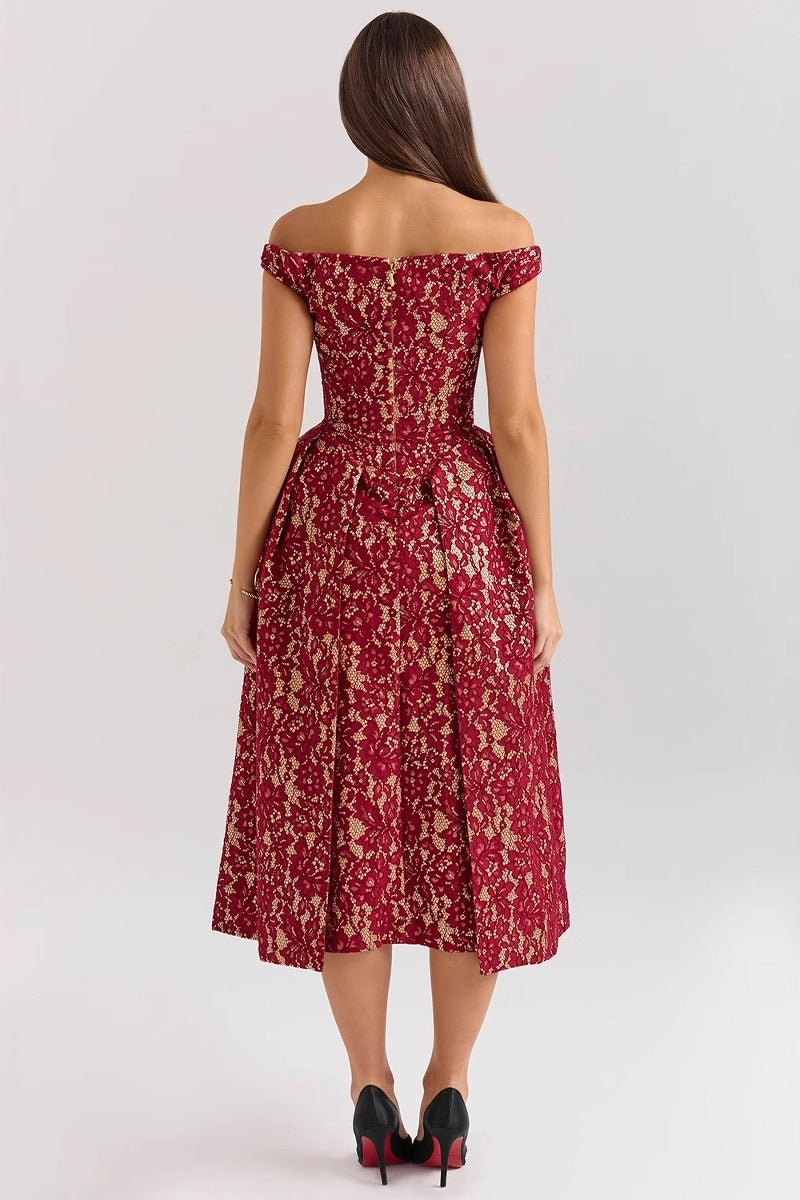 Floral Lace Off Shoulder Corset Bodice Pleated Fit and Flare Mini Dress