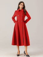 Flared Wool Blend Coat For Woman Red Turndown Collar Double-breasted Elegant 2026 Winter Outerwear
